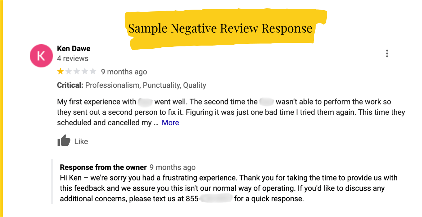 GBP Review Sample Negative Review Response