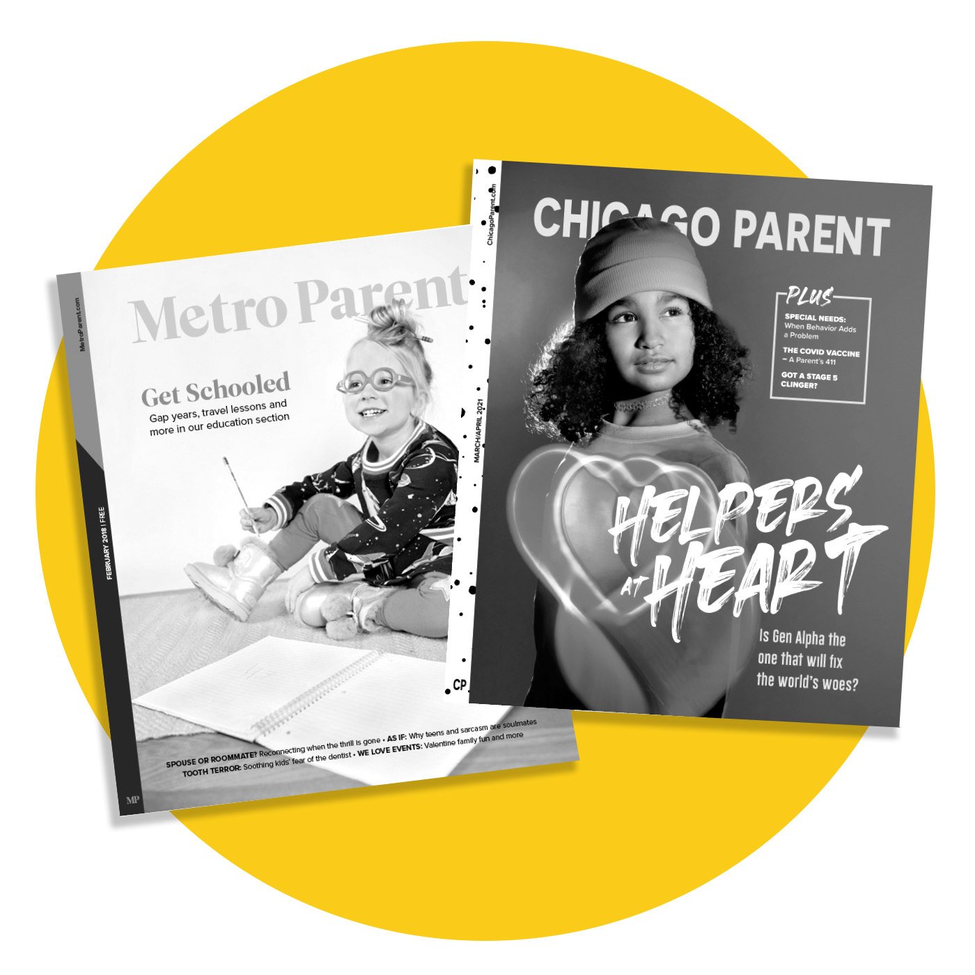 MP-CP-covers2- a photo of two books labeled as Metro Parent and Chicago Parent