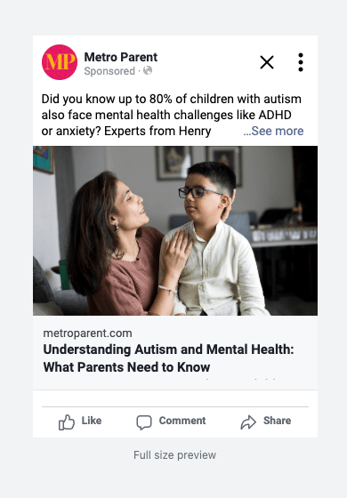 Metro Parent Autism - Sample Facebook Ad from a Story Collection