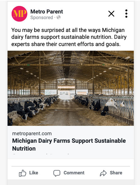 Metro Parent United Dairy Industry of Michigan - Sample Facebook Ad from a Story Collection