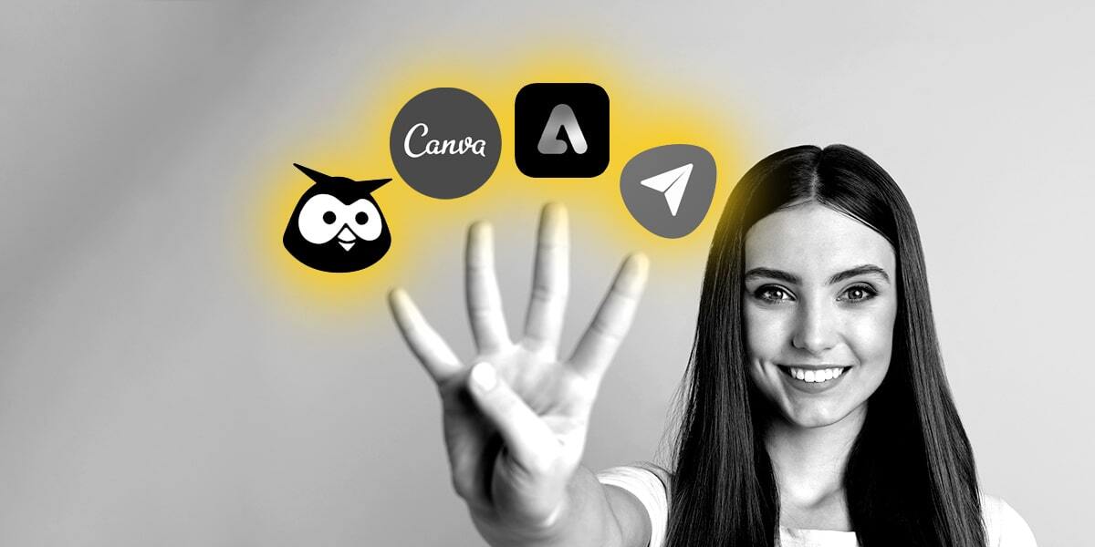 A woman holds up 4 fingers highlighting the logos of HootSuite, Canva, Adobe Express and SocialPilot