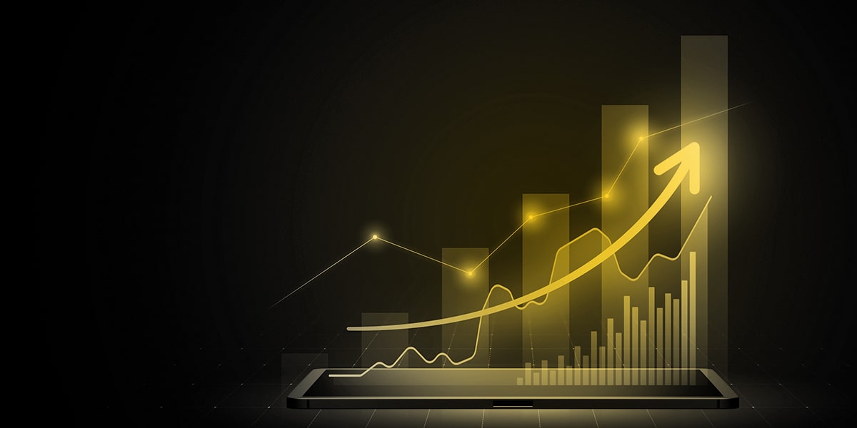A yellow chart shows glowing growth with a variety of charts against a black background