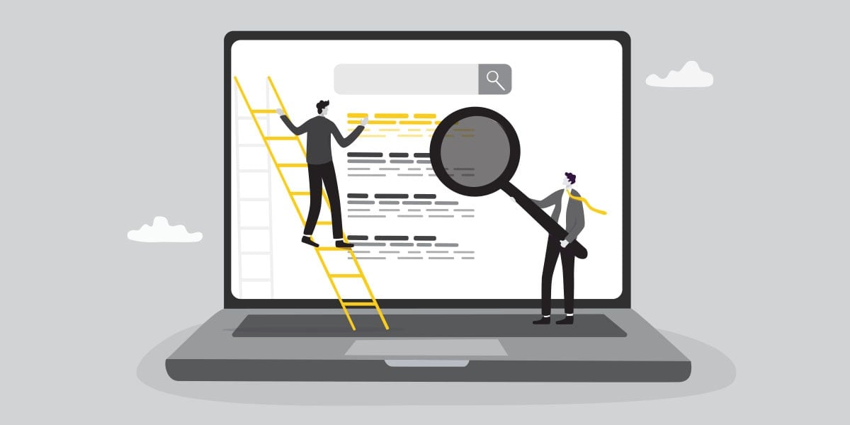 Two characters are inspecting SEM ads that appear on Google search results, using a ladder and magnifying glass.