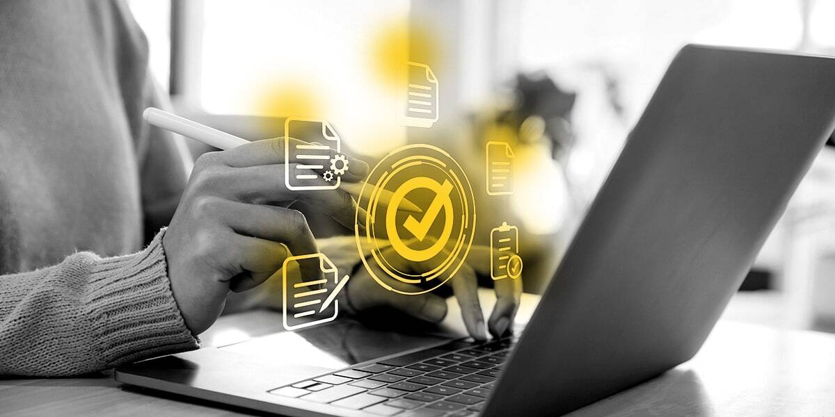 Person working on a laptop with digital icons representing content creation tasks, such as documents and checkmarks, highlighted in yellow, symbolizing a streamlined content marketing checklist process.