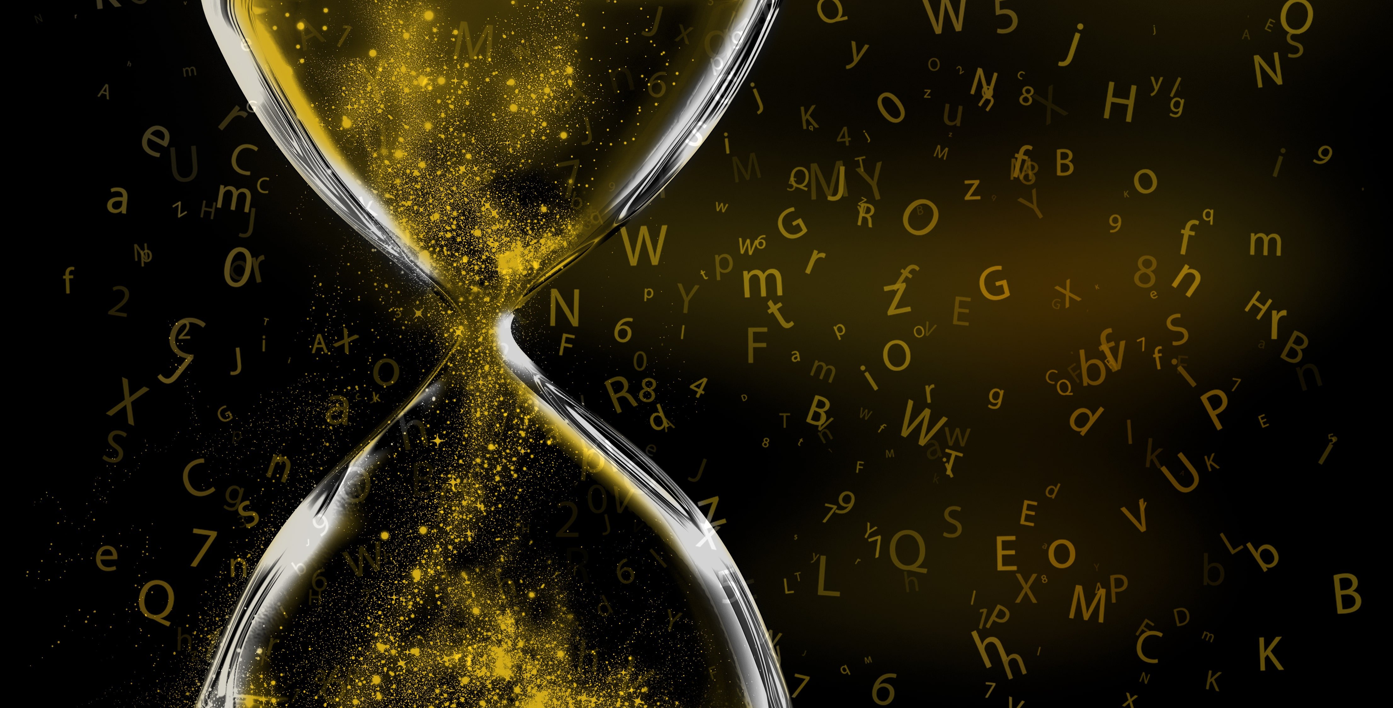An hourglass surrounded by floating yellow letters, symbolizing content marketing