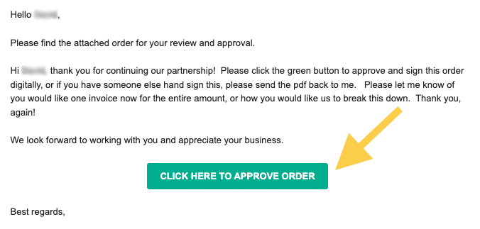Sample of an order approval email from Zoe Marketing & Communications