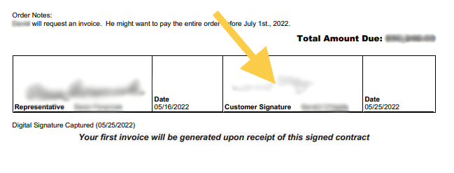 Sample of an order signature section from Zoe Marketing & Communications