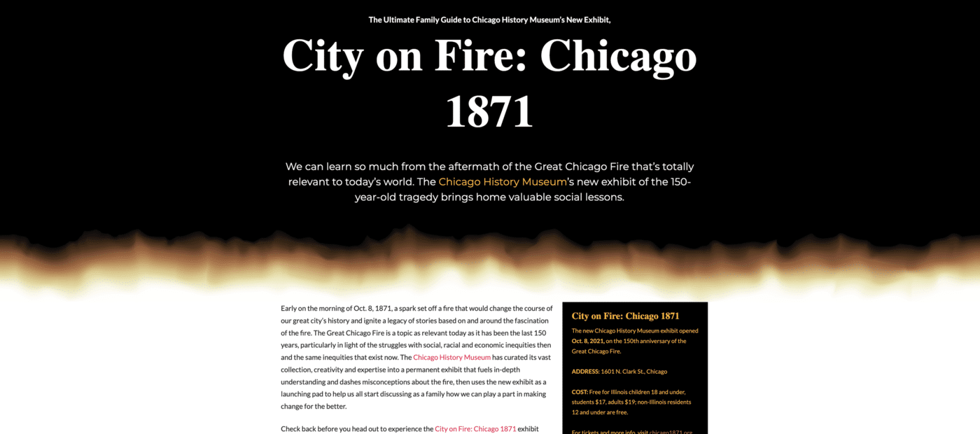 The Ultimate Family Guide to Chicago History Museum's New Exhibit, City on Fire: Chicago 1871 Pillar Page Example
