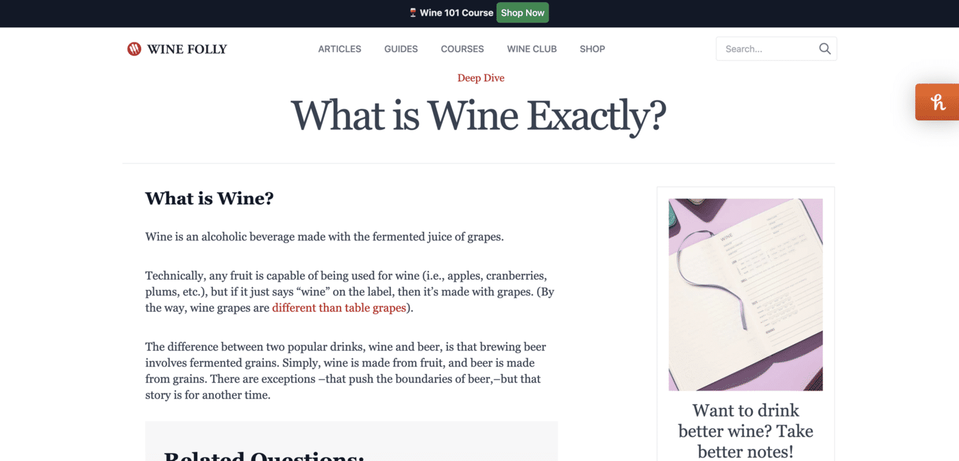 Example screenshot from Wine Folly's pillar page called "What is Wine Exactly"