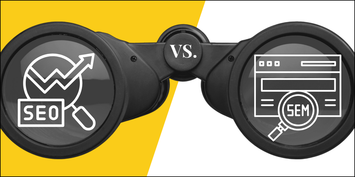 An image of binoculars focused on SEO in one lens and SEM in the other