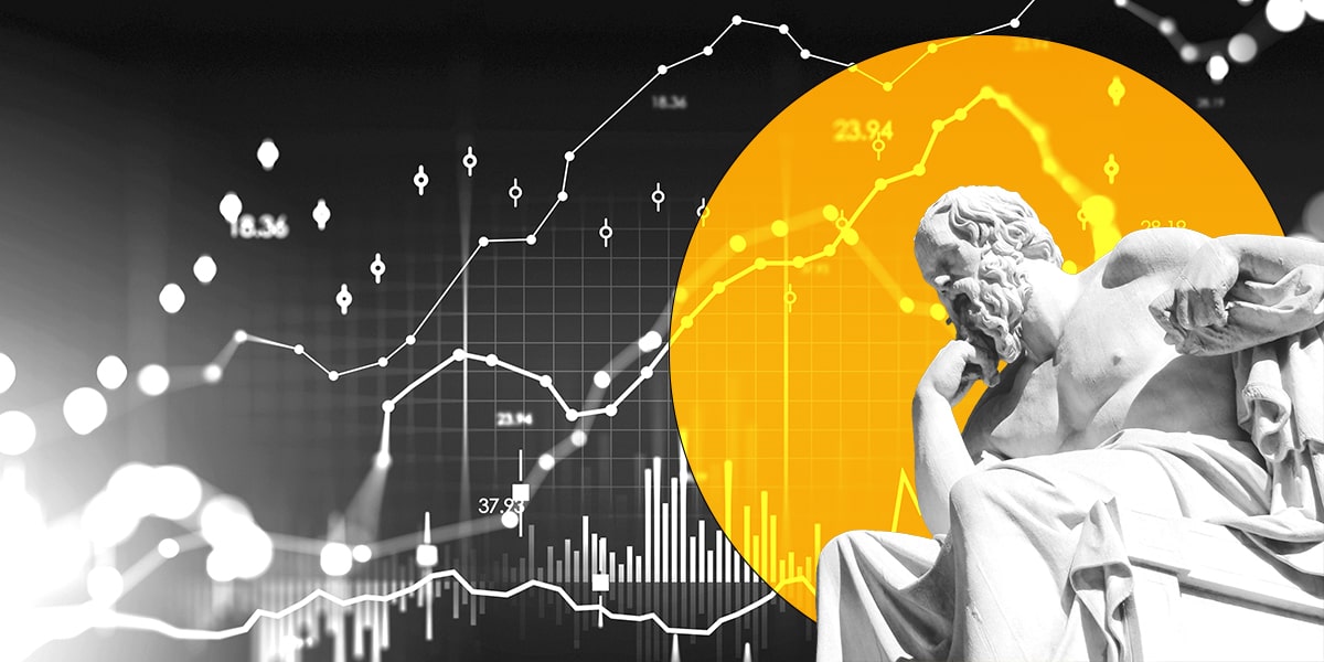 Greek statue of Socrates in front of a digital background of charts and data points